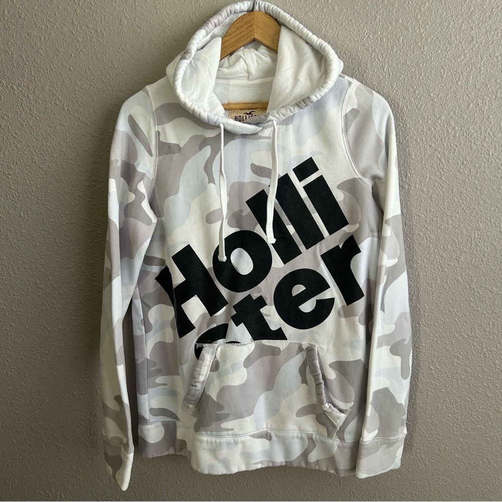Hollister White Gray CamoPullover Hoodie With Large Black Logo